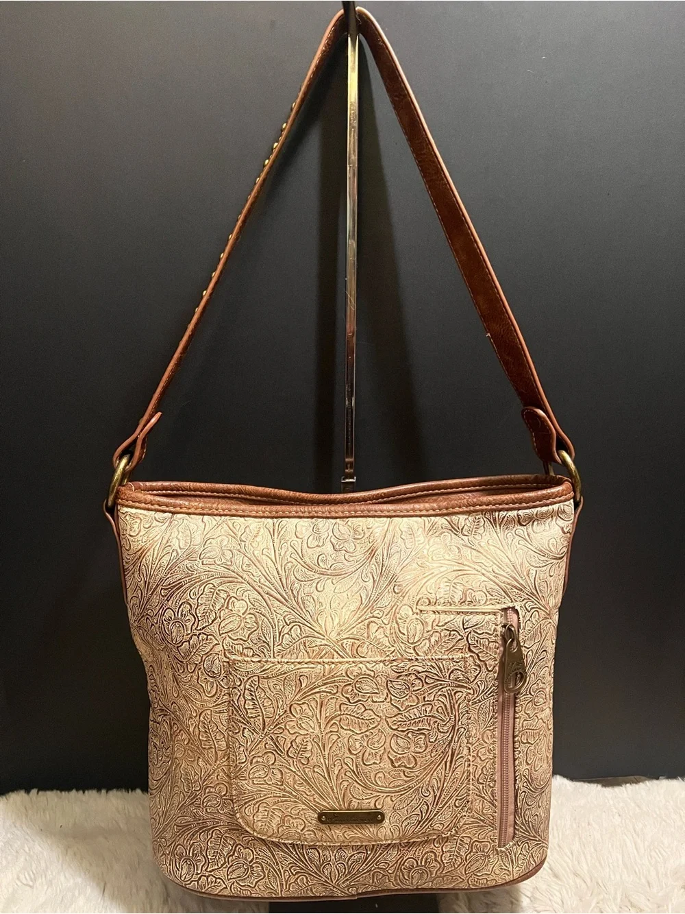 Montana West Tan and Cream Floral Embossed Western Shoulder Bag with Stud Cross